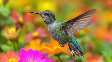 Hummingbirds hover around blooming flowers in a green forest in Costa Rica. natural habitat, beautiful hummingbird sucking nectar, colorful background Wildlife in tropical nature