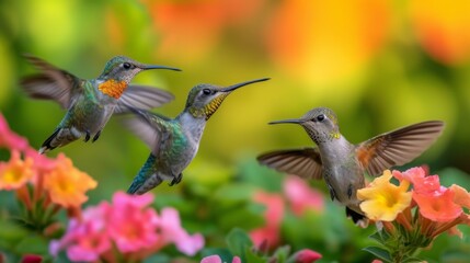 Fototapeta premium Hummingbirds hover around blooming flowers in a green forest in Costa Rica. natural habitat, beautiful hummingbird sucking nectar, colorful background Wildlife in tropical nature