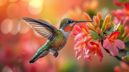 Hummingbirds hover around blooming flowers in a green forest in Costa Rica. natural habitat,...