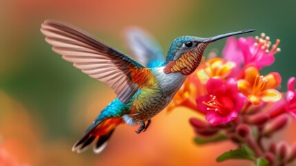 Hummingbirds hover around blooming flowers in a green forest in Costa Rica. natural habitat, beautiful hummingbird sucking nectar, colorful background Wildlife in tropical nature