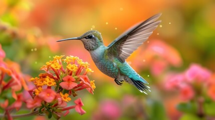 Fototapeta premium Hummingbirds hover around blooming flowers in a green forest in Costa Rica. natural habitat, beautiful hummingbird sucking nectar, colorful background Wildlife in tropical nature