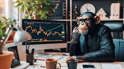 Zelfklevend Fotobehang monkey business - chimp, monkey, stock, market, traders, trading, finance, investment, analysis, financial, professionals, broker © Abas