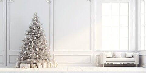 Festive white-themed interior with a fir tree