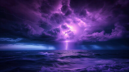 Fototapeta na wymiar A Purple Storm Over an Ocean With Crackling Bolts of Lightning Cloudscape Backdrop