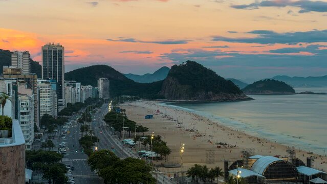 High angle sunset timelapse of boulevard traffic and people on Copacabana beach