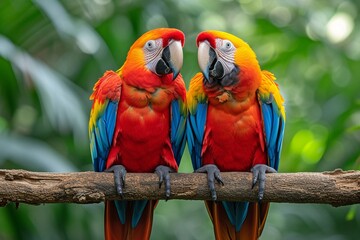 A pair of adorable macaw parrots perched on a branch