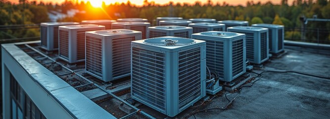 On the roof of an industrial building is an external unit for a commercial HVAC system.