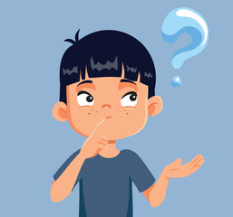 Puzzled Child of East Asian Ethnicity Having Questions Vector cartoon. Funny child wondering looking for answers 
