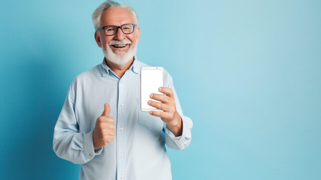 Smiling senior man showing phone with transparent display and giving thumbs up on a blue background, endorsing technology. AI Generative