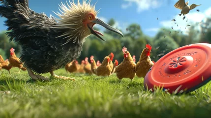 Foto op Canvas Cartoon scene A brave disc golfer attempts to hit the kiwi target but instead his frisbee bounces off its beak and flies towards a nearby group of chickens causing © Justlight