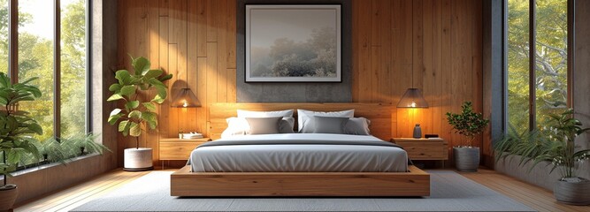 contemporary interior bedroom including a queen bed, bedside tables and a sliding door closet