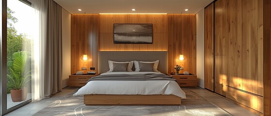 contemporary interior bedroom including a queen bed, bedside tables and a sliding door closet