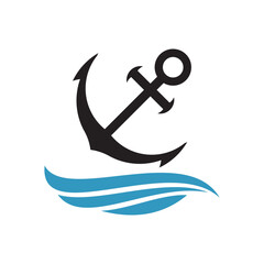 Anchor marine symbol with sea waves vector illustration. Nautical anchor design logo icon template