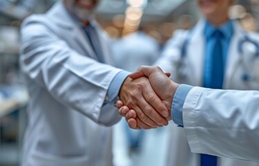 Microbiologists extending a handshake. health and science - obrazy, fototapety, plakaty