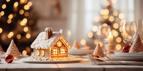 Festive holiday setup with decorated table and gingerbread house on white cloth, adorned with lights and tree in the living room.