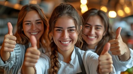 The restaurant employees are standing together and giving a thumbs up.