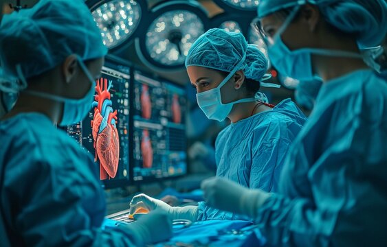 In a state-of-the-art operating room, a surgical team uses holographic displays to do virtual cardiac surgery. - Powered by Adobe