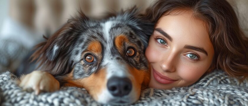Beautiful picture of a young lady in bed, cuddling her large dog.