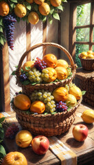 Autumn Still Life with Fresh Fruits and Vegetables in a Basket - Healthy and Organic Food Composition with Apples, Oranges, Grapes, Pineapple, Pumpkin, and Kiwi on a warming house