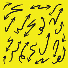 Hand drawn arrow vector icon set. arrow design sketch on yellow background.