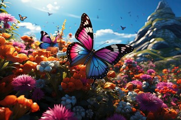 Fototapeta na wymiar A cluster of colorful butterflies in a field