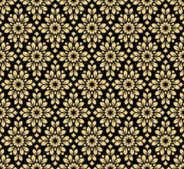 Flower geometric pattern. Seamless vector background. Gold and black ornament. Ornament for fabric, wallpaper, packaging. Decorative print