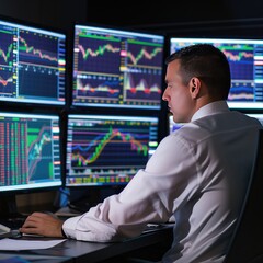 stock market broker looking at candlestick charts on a computer
