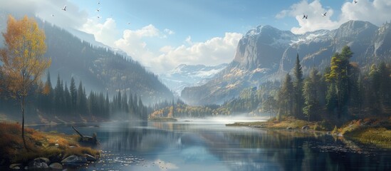 Obraz premium A tranquil lake mirrors rugged mountains, dense forests, and a hint of development on its banks.