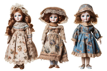 青い目の人形たち。懐かしい玩具のコレクション。Old American doll. A doll with blue eyes. A collection of nostalgic toys.Generative AI