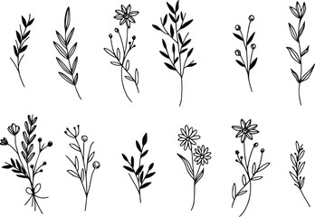 minimal botanical graphic sketch drawing, trendy tiny tattoo design, floral elements vector illustration - obrazy, fototapety, plakaty