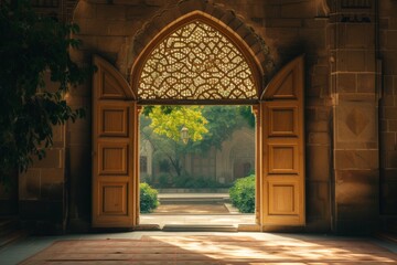 Beyond the archway lies a serene courtyard with a magnificent dome and walls covered in similar ornate designs