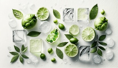 Flat lay composition with fresh limes, leaves and ice cubes on white background. Space for text