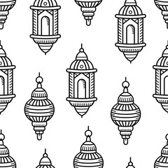 Lantern outline doodle hand drawn seamless pattern background. Ramadan kareem islamic decoration vector illustration