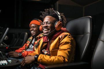 Two smiling boys with headphones while playing computer video games