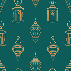 Lantern outline doodle hand drawn seamless pattern background. Ramadan kareem islamic decoration vector illustration