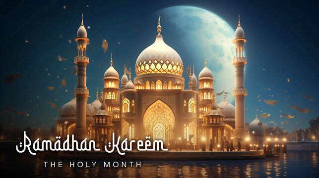 Ramadan kareem poster template with mosque and beautiful night sky background