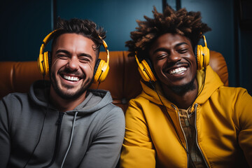 Two smiling young boys with yellow headphones and sitting on the sofa 
