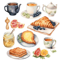 Watercolor of breakfast and coffee set with white background
