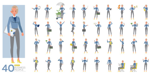 Big Set of working woman wear blue suit character vector design. Presentation in various action. People working in office planning, thinking and economic analysis.