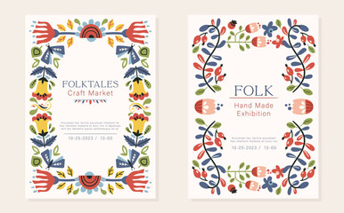 Folk vector invitations, flyers or advertising templates in Nordic style, hygge ready to use designs or prints. Symmetrical ethnic frames with copy space. Folkloric motifs - moth, flowers, leaves