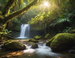 Mystical Waterfall in Tropical Forest