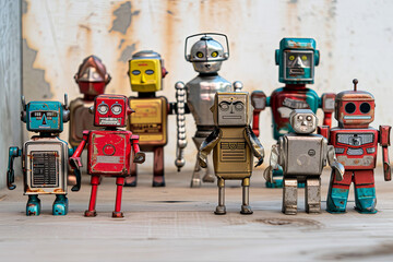 ブリキのロボット。懐かしい玩具のコレクション。Generative AI - obrazy, fototapety, plakaty