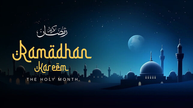 Ramadan kareem poster template with mosque and beautiful night sky background