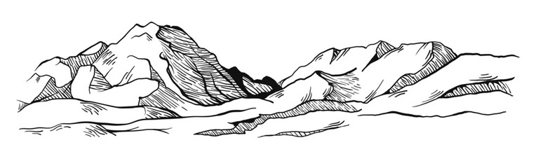 Hand drawn sketch of hiking or climbing on mountain. Nature highlands drawing, mountains landscape engraving. Vector isolated illustration	
