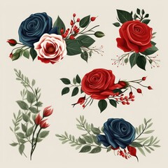 Set of floral elements featuring red, burgundy, navy blue roses, and green leaves.