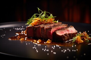 Grilled sliced beef steak artfully arranged