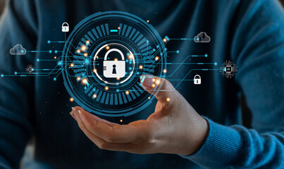 Hand holdingsecurity scanning protect, technology digital program futuristic, finger scanning, privacy, password, cyber security, cloud online technology to protect client IT lock icon.security