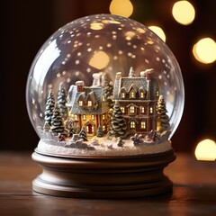 A quaint, snowy village nestled in the heart of winter is encased in a whimsical snow globe