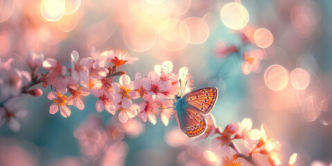  colorful flower of cherry blossom 
trees with butterfly on bokeh background 