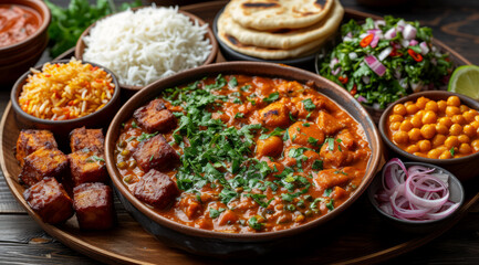 Obraz premium Kashmiri feast with paneer tikka, rice, chickpeas, and pickled onions on a wooden platter, AI generated